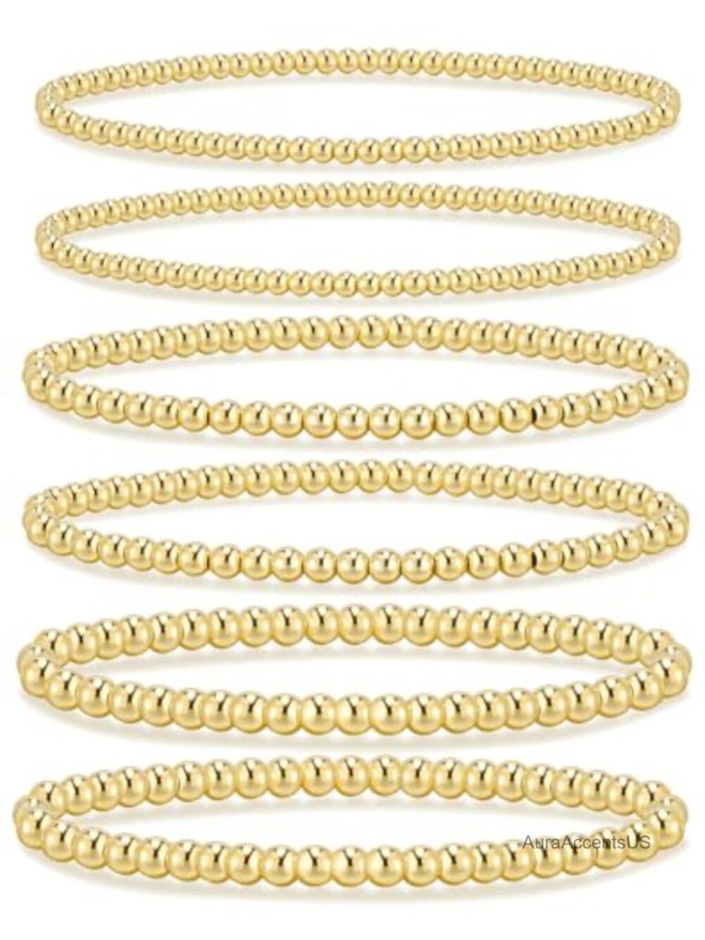14K Gold Plated Beaded Stretch Bracelets Set of 6 for Women